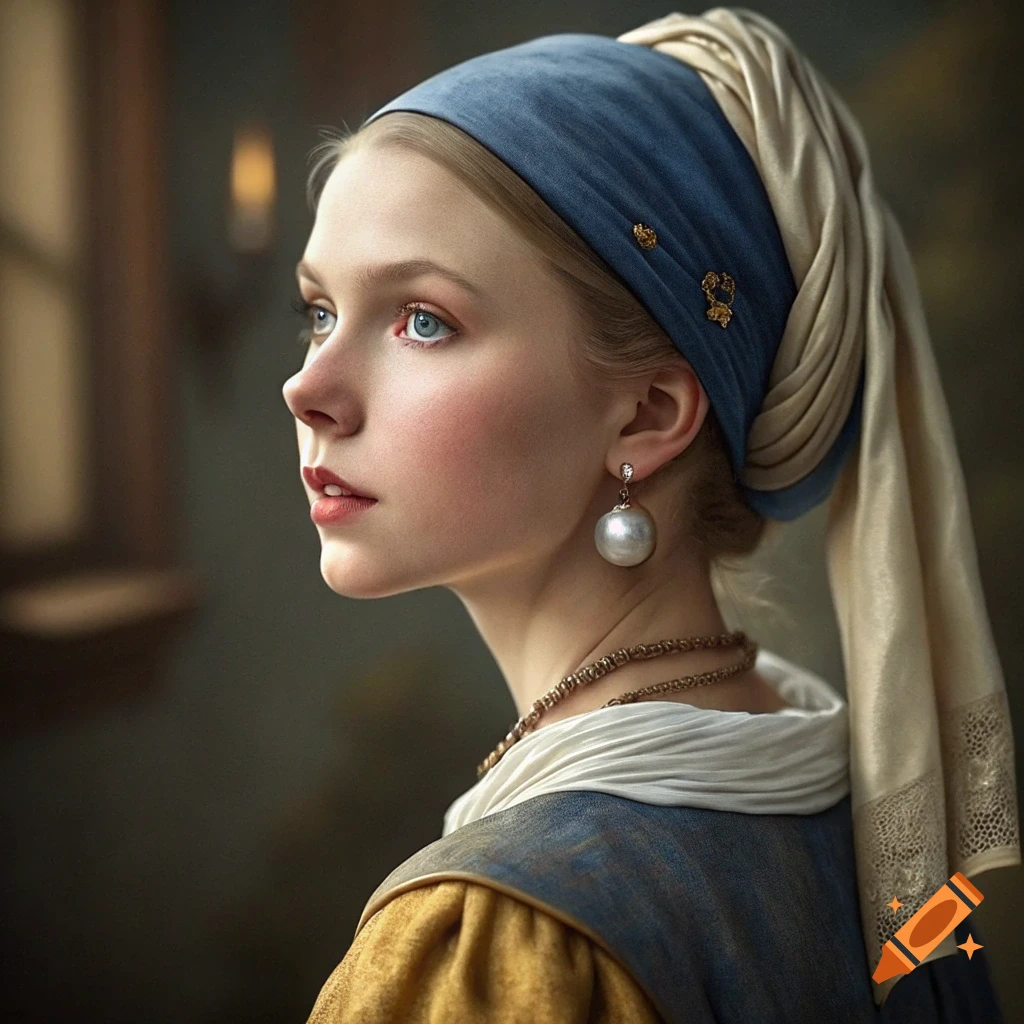 Portrait of a woman in a blue and gold headscarf and pearl earring, in the style of Girl with a Pearl Earring.