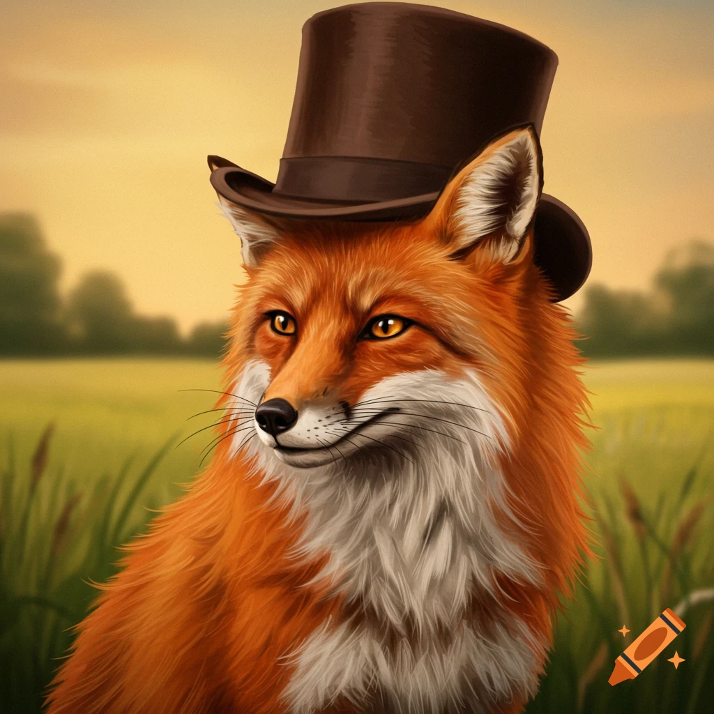 A fox wearing a top hat sits in a field.