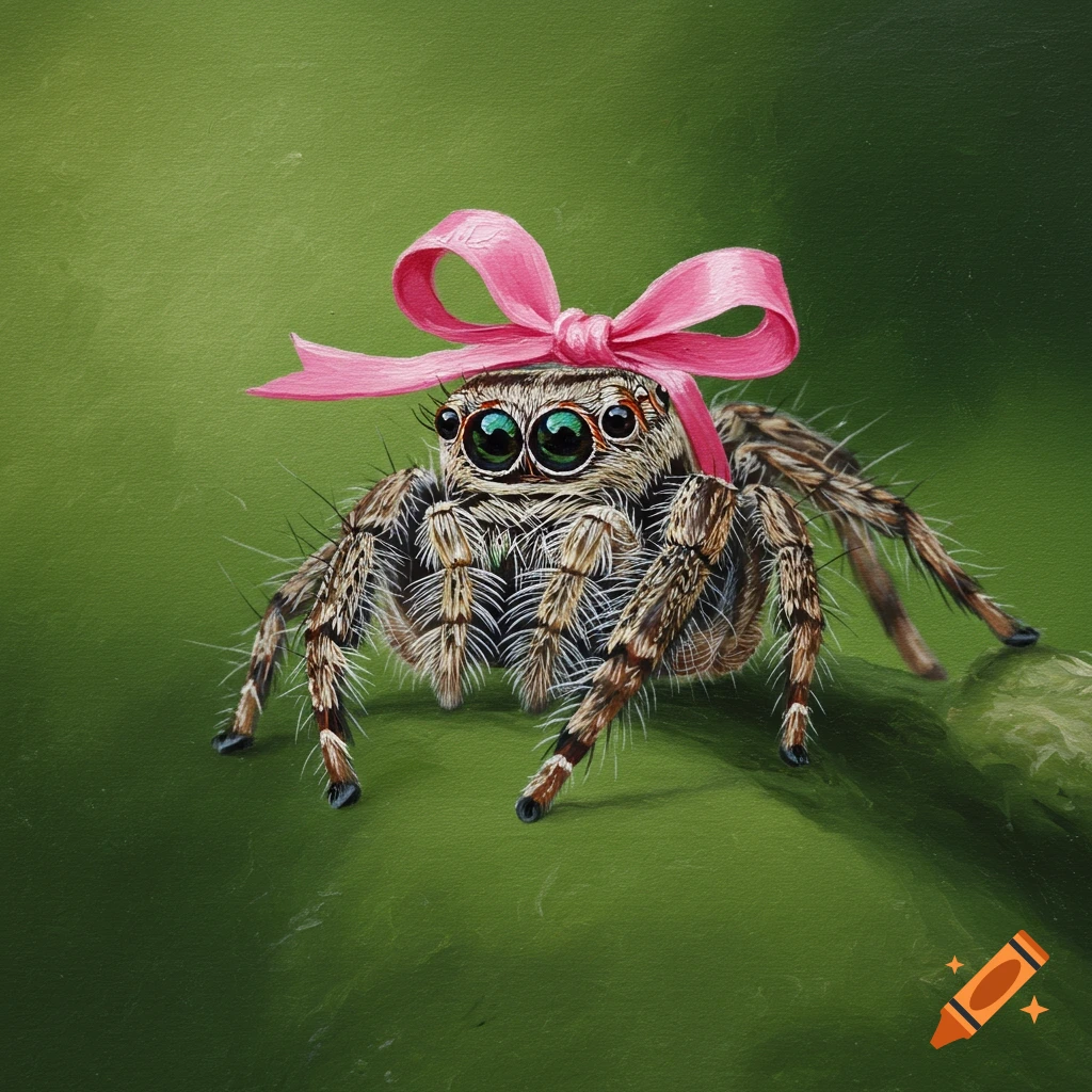 A cute jumping spider with a pink bow on its head, in an oil painting style.