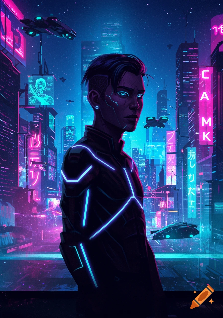 Stylized figure standing in a neon-lit cyberpunk city with futuristic vehicles.