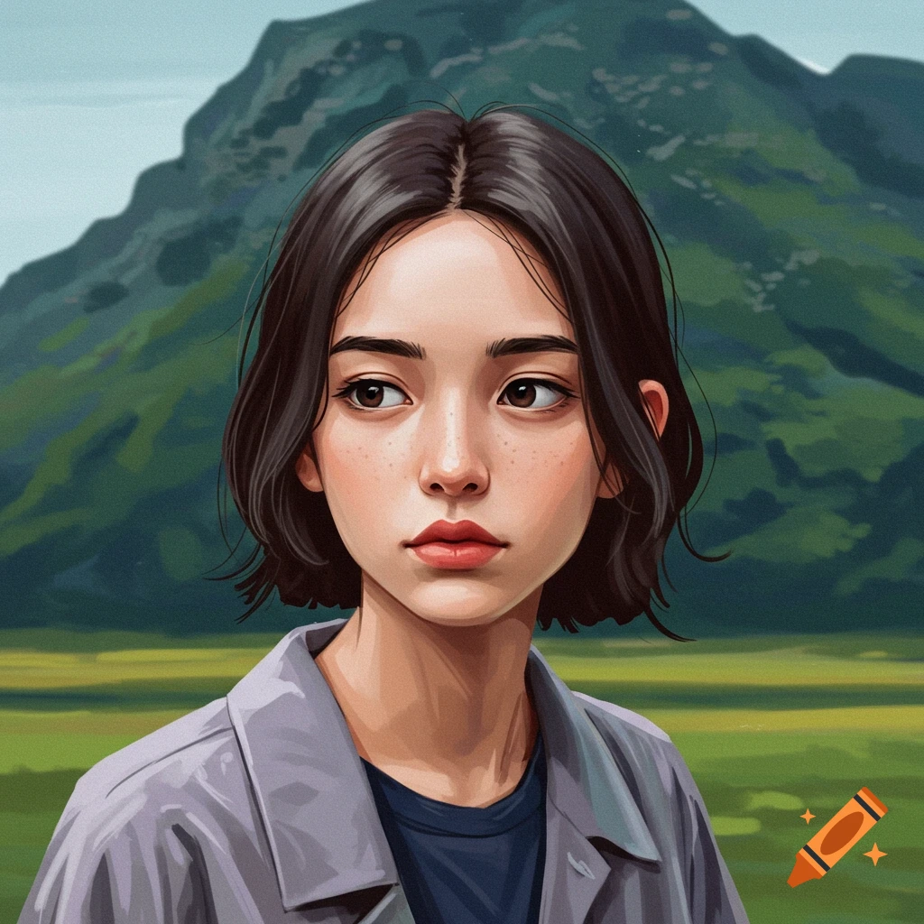 A person with dark short hair looking away, standing before mountains and fields.