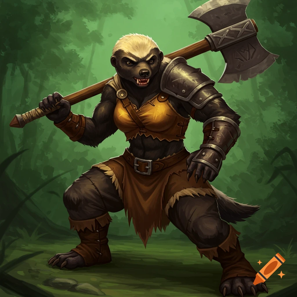Anthropomorphic female honeybadger barbarian holding a large axe in a forest.