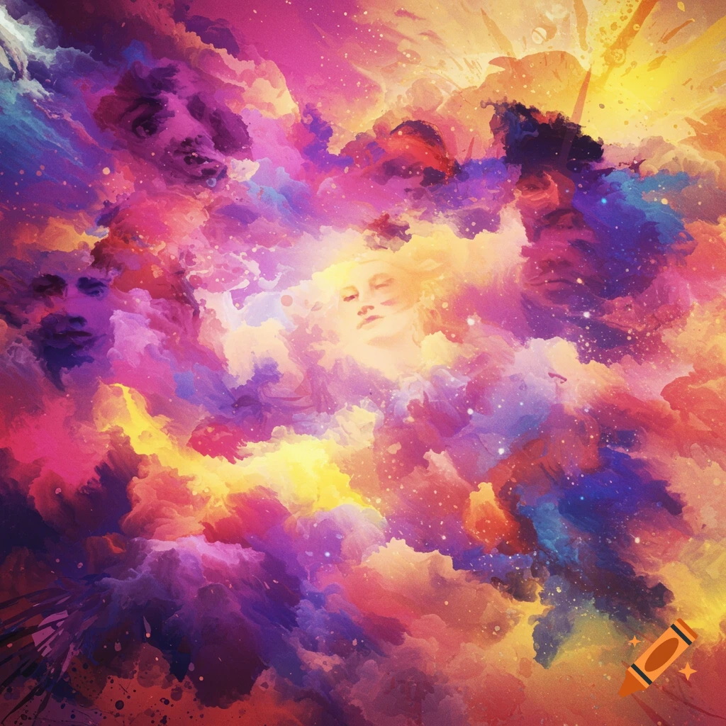 Abstract vibrant colorful clouds with faces emerging in a painterly style.