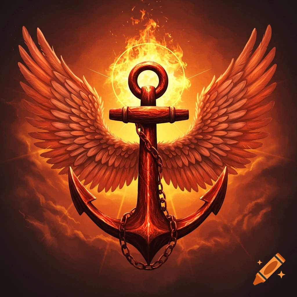 Red anchor with golden wings and a halo of fire against a fiery sky