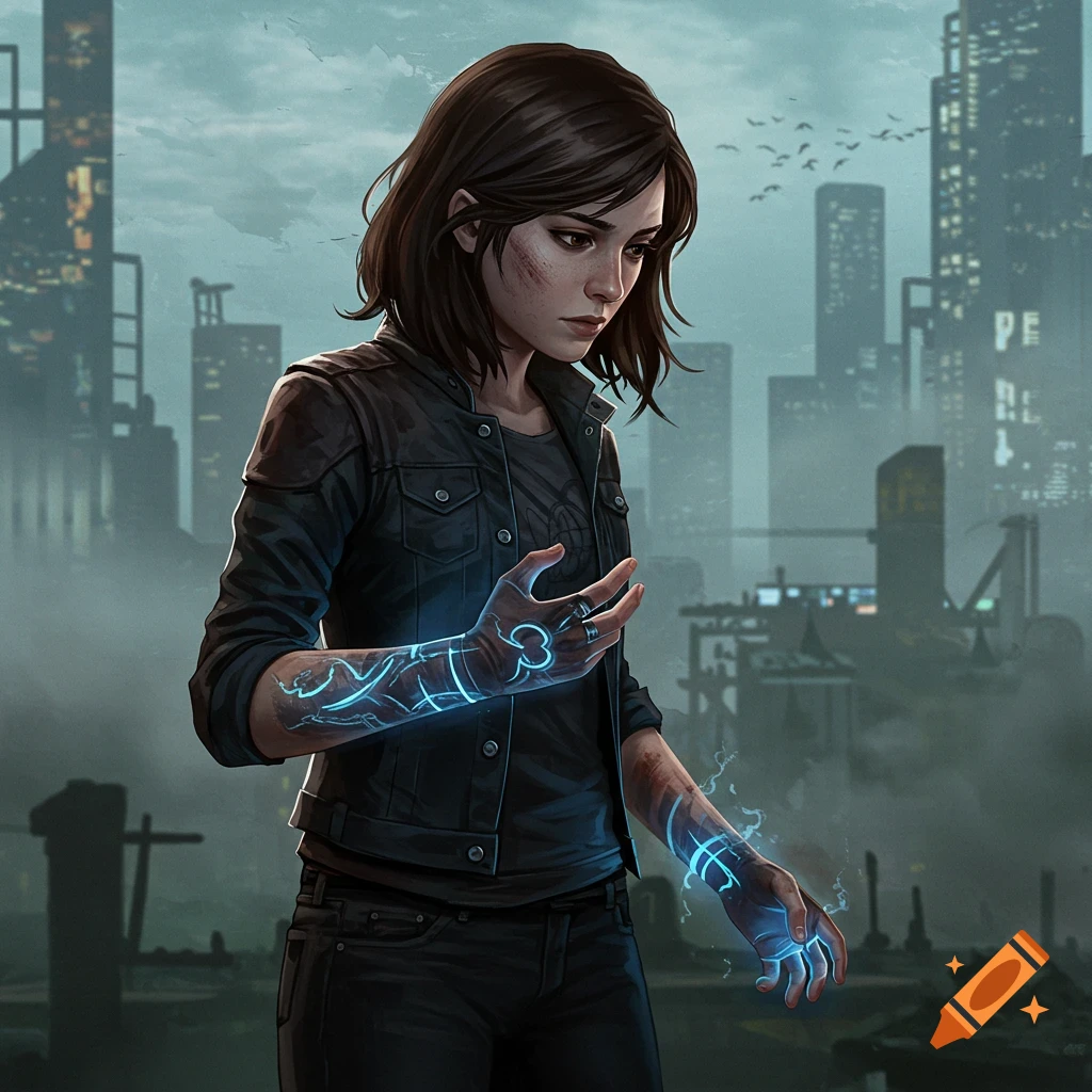 A woman with glowing blue energy on her hands and arm stands in a dark, hazy city landscape.