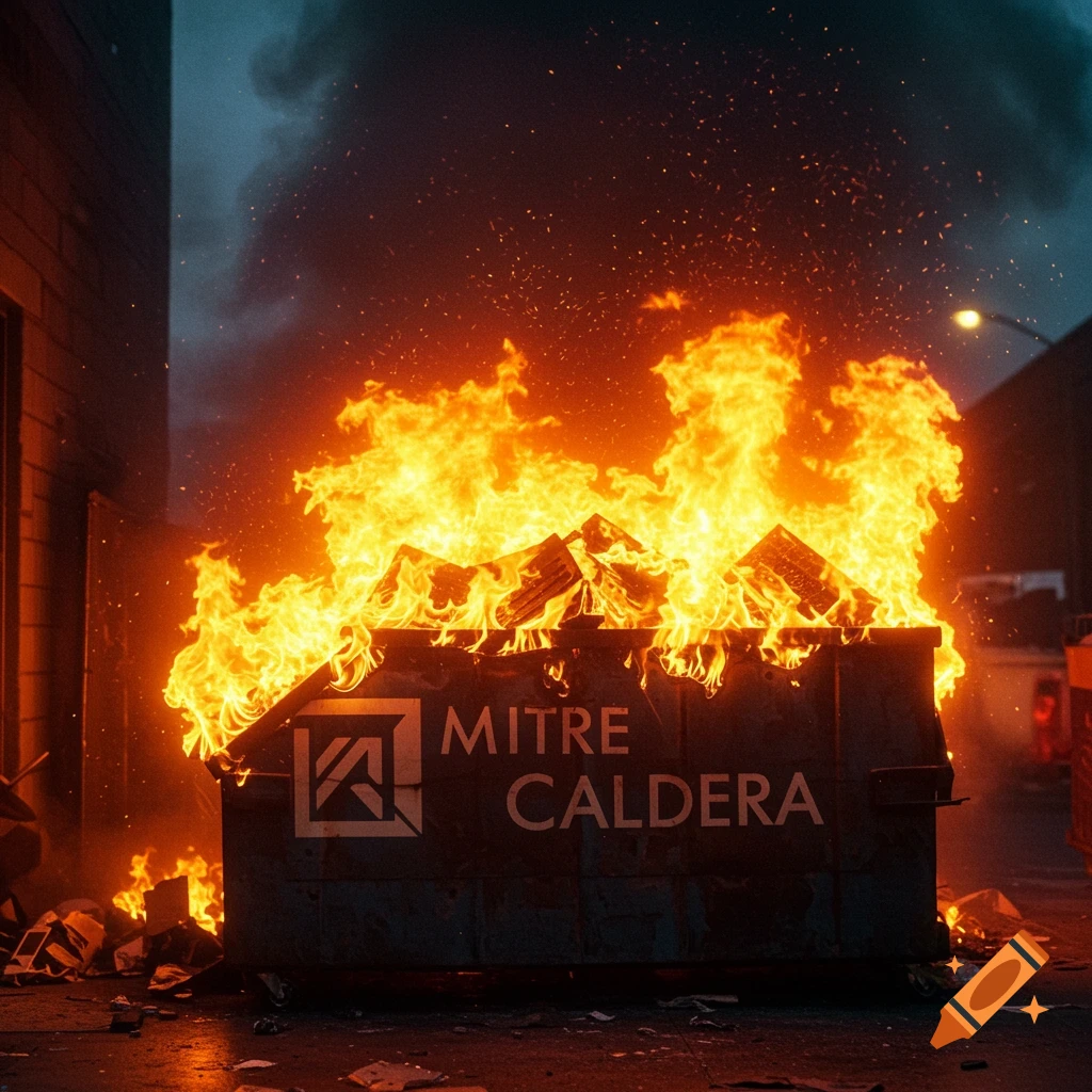 A photorealistic image of a dumpster on fire with the text MITRE CALDERA on the side.