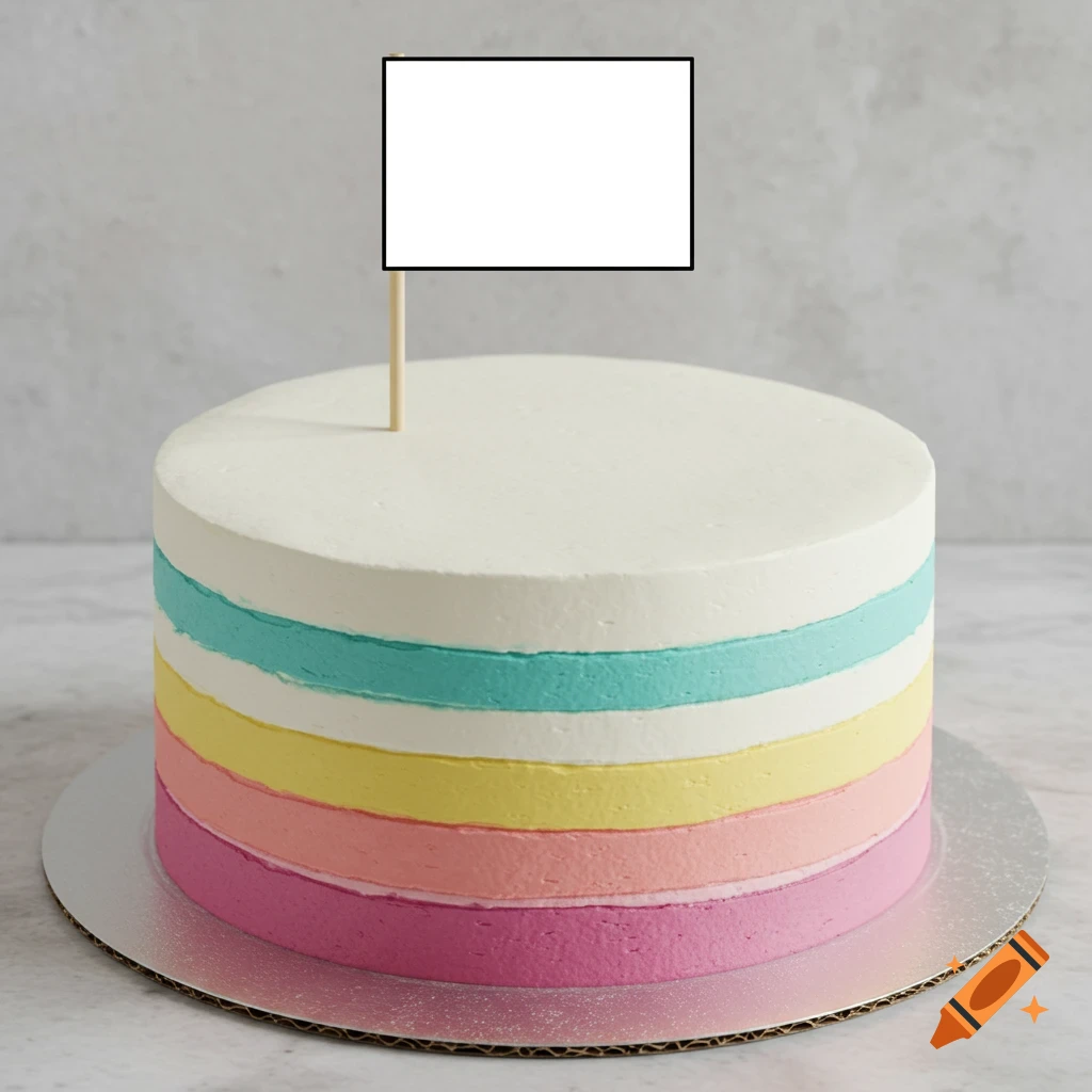 Photo of a round cake with red, green, blue, and yellow frosting layers and a blank white surface, topped with a blank square flag