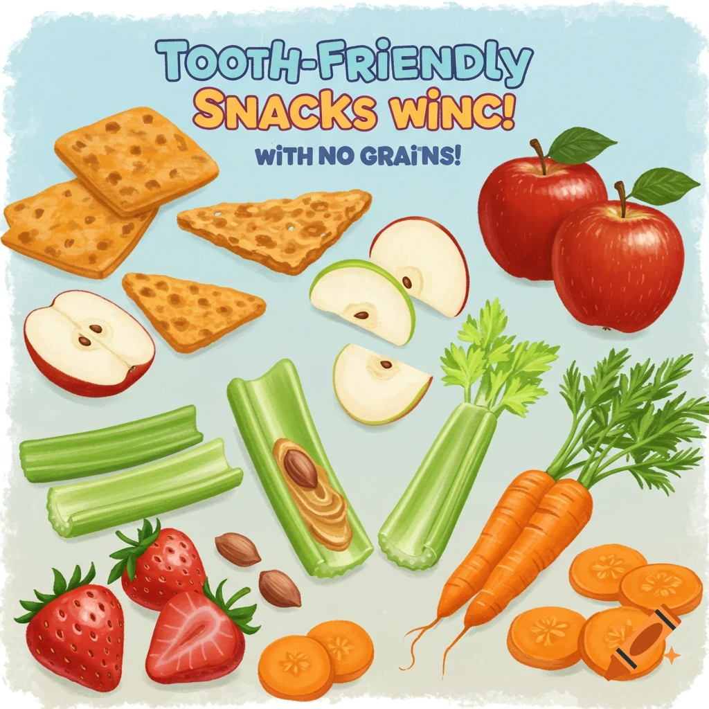 Illustration of healthy snacks poster with text 'Tooth-Friendly Snacks... With No Grains!' featuring crackers, fruit, and vegetables.