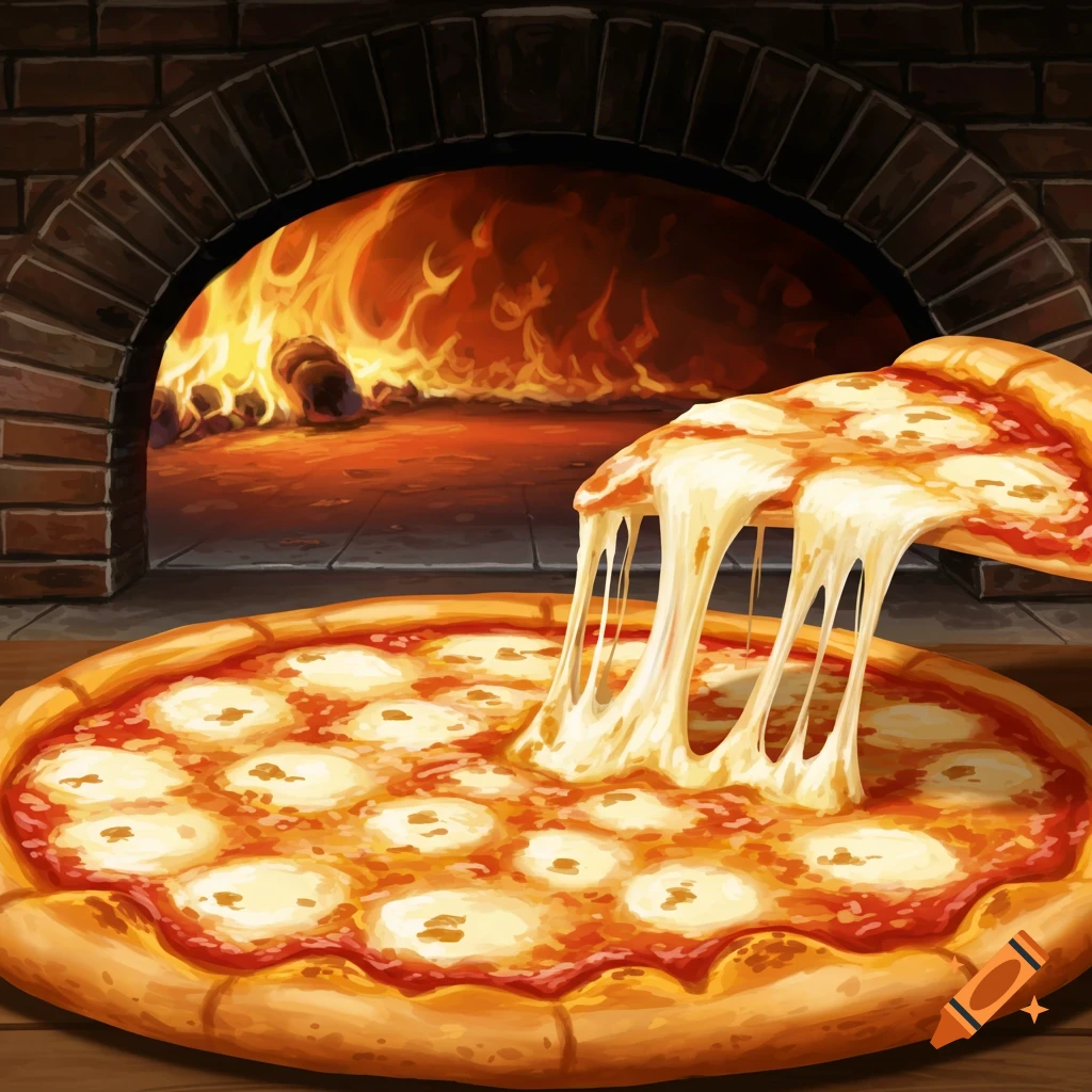A slice of cheese pizza being lifted from a full pizza, showing melted cheese pull, in front of a brick oven with fire. Illustration style.