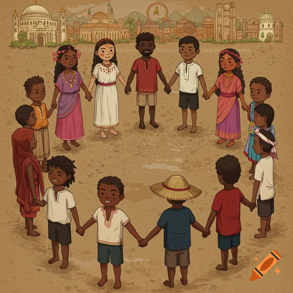 Diverse group of people holding hands in a circle, cultural backgrounds