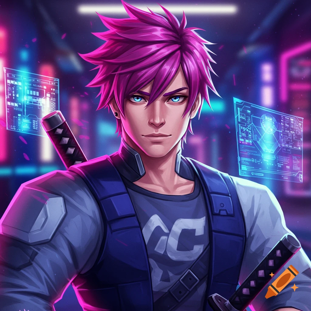 Anime portrait of a male character with purple hair and blue eyes in a cyberpunk city with floating screens and swords.