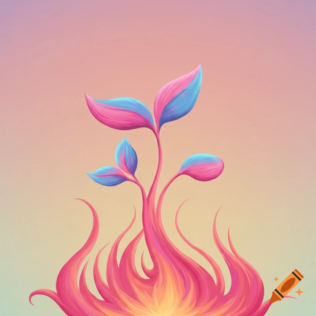 A stylized illustration of a plant with pink and blue leaves emerging from pink and yellow flames on a gradient background.