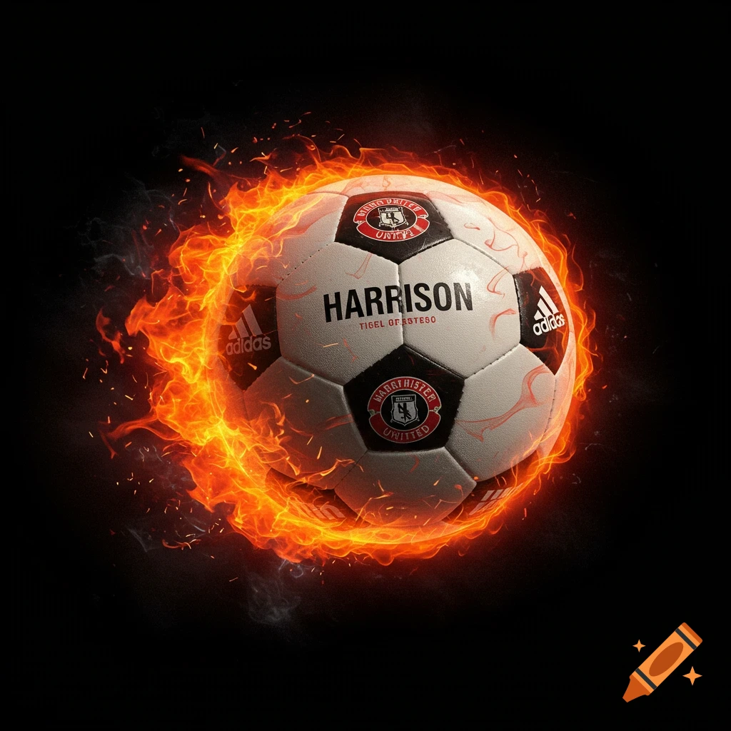 A soccer ball with text and logos, engulfed in flames on a black background.