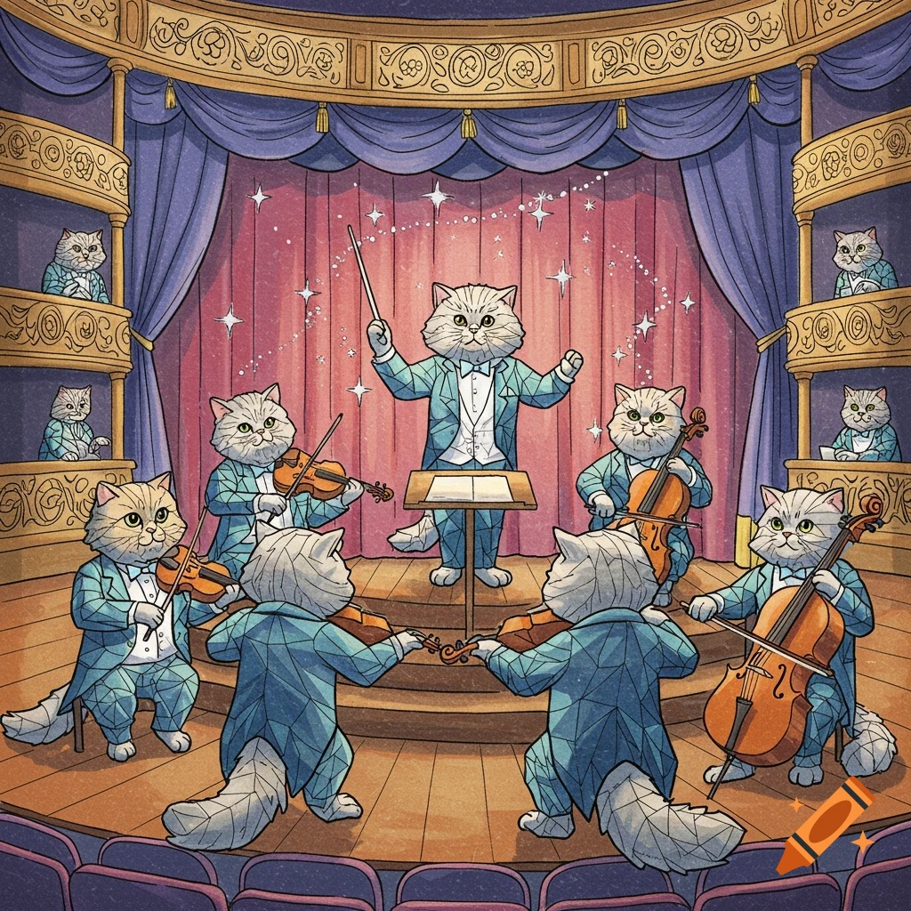 Cats playing instruments on a theater stage, detailed illustration in a faceted style.
