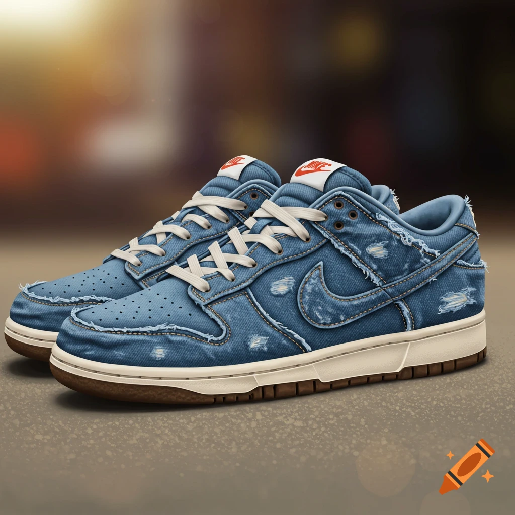 A pair of blue denim sneakers with torn details and white laces.