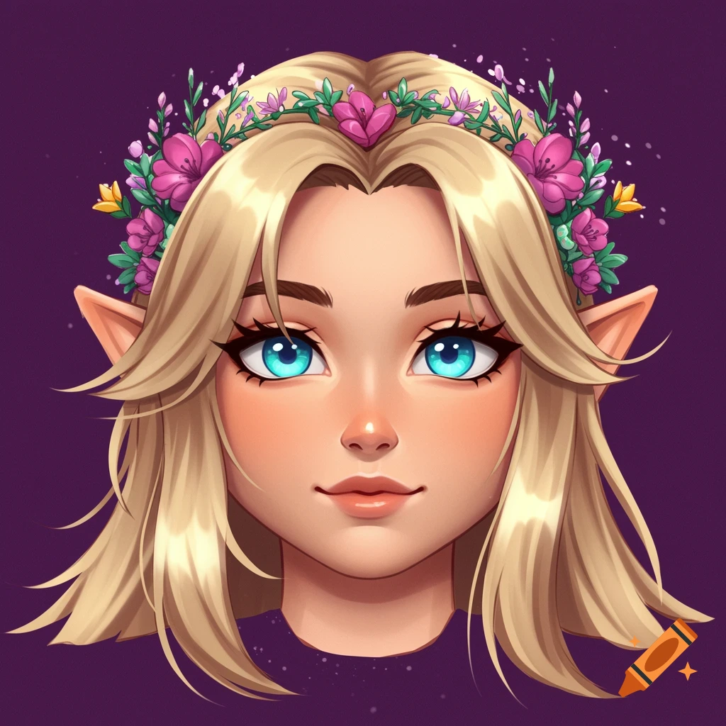 Close-up portrait of a stylized blonde-haired character with blue eyes, pointy ears, and a flower crown on a purple background.