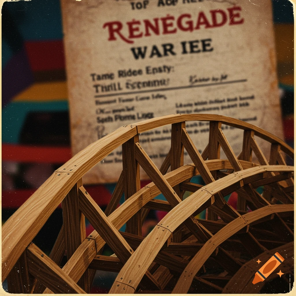 Close-up of curved wooden structure like a roller coaster track, with a blurred sign in the background.