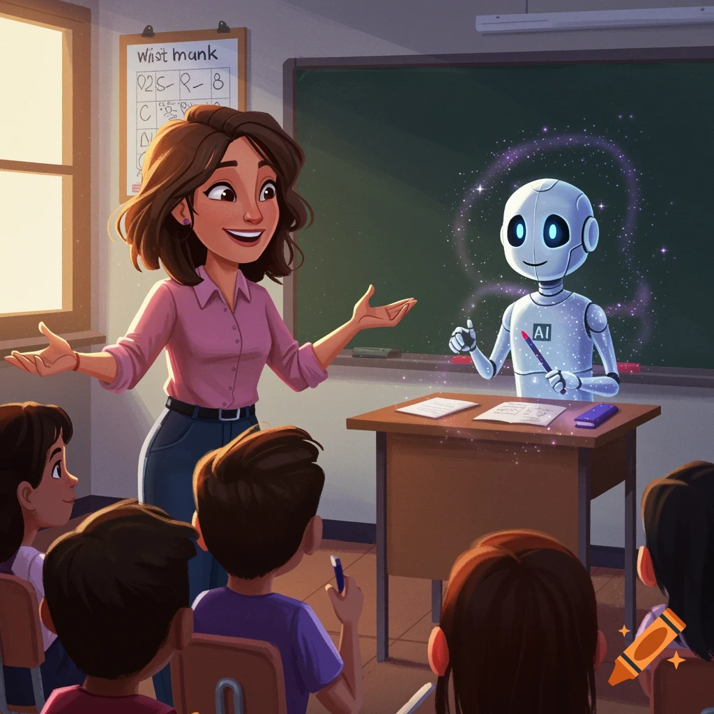 An illustration of a teacher and a robot standing in front of a classroom of children.