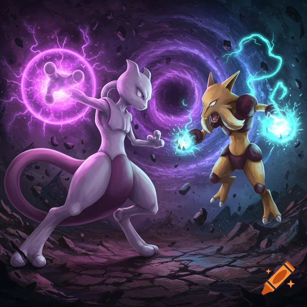 Mewtwo and Alakazam battling with energy blasts in a dark, rocky landscape with a swirling purple vortex.
