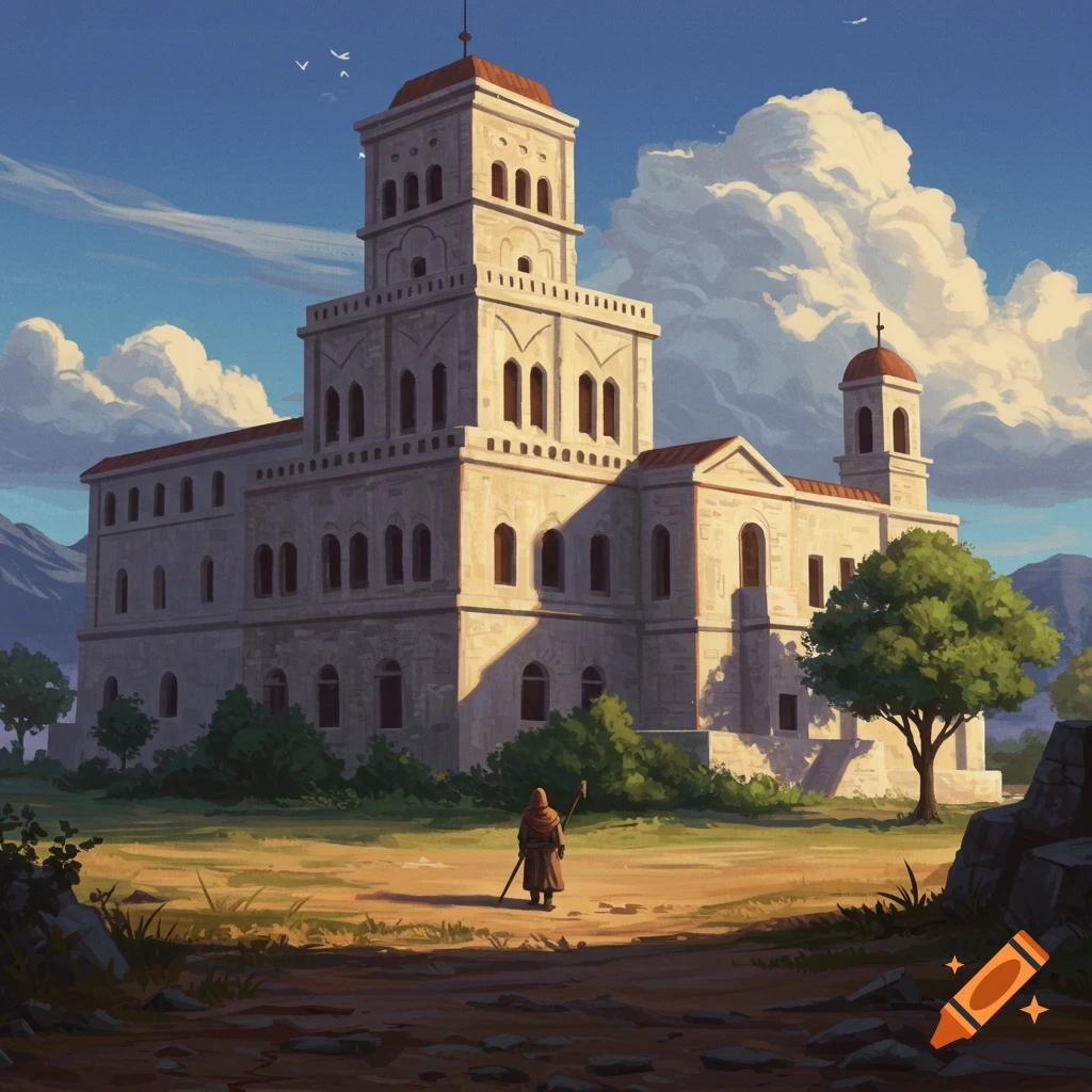 A robed figure stands in a field, facing a large, ancient stone building under a cloudy sky.