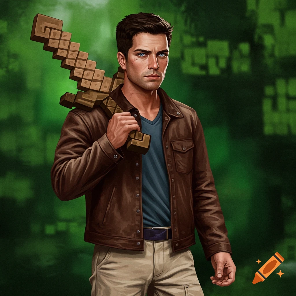 Man resembling Steve from Minecraft holding a pixelated sword over his shoulder against a green background.