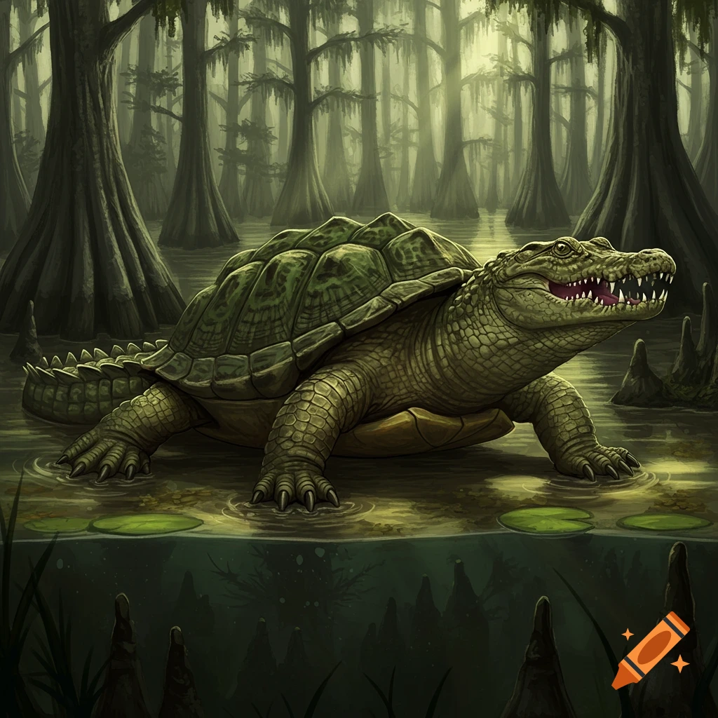 A turtle-crocodile hybrid creature stands in a swampy forest.