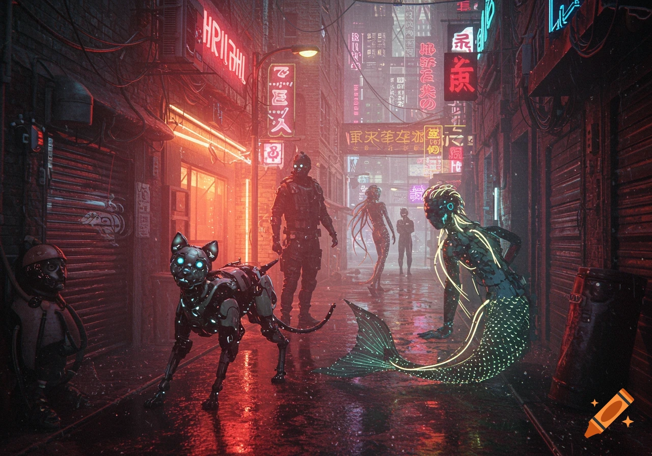 Robotic dog and cyborg mermaid in a rainy, neon-lit cyberpunk alley.