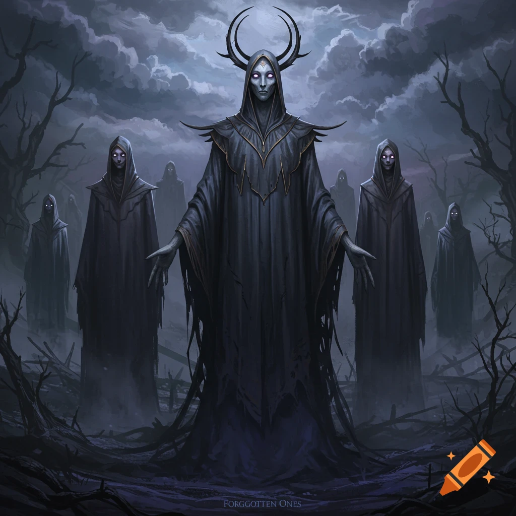 Dark fantasy art of robed figures with glowing eyes and antlers in a misty forest.
