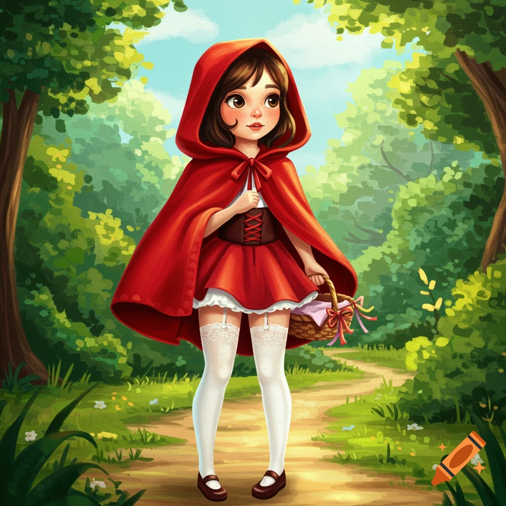 An illustration of Little Red Riding Hood standing on a path in a forest, holding a basket.