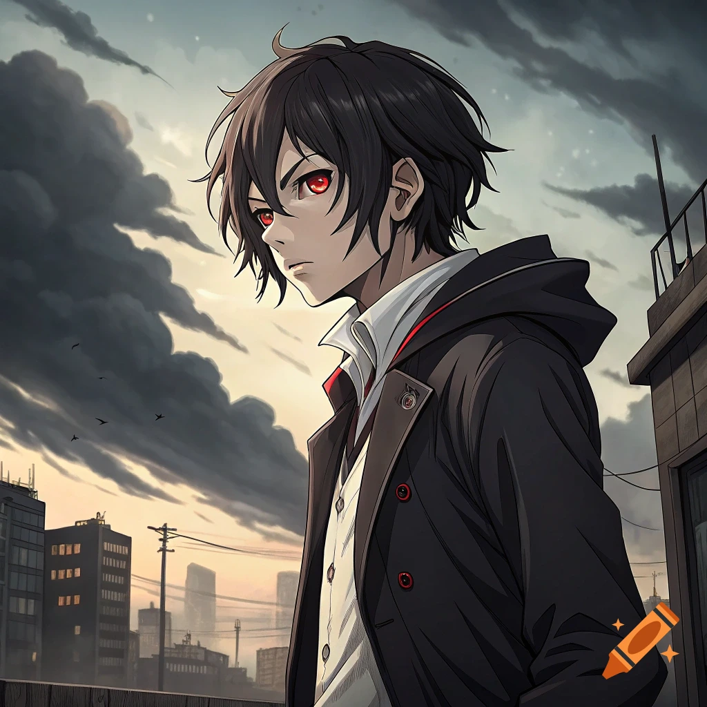 Close-up anime portrait of a young person with red eyes and black hair, wearing a black coat, standing in a city with a cloudy sky.