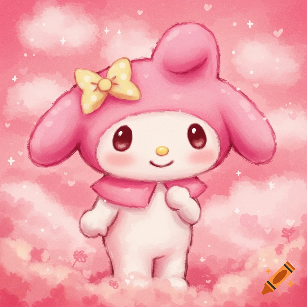 Cute My Melody character in pink hood with yellow bow, standing in pink clouds with hearts, watercolor style.