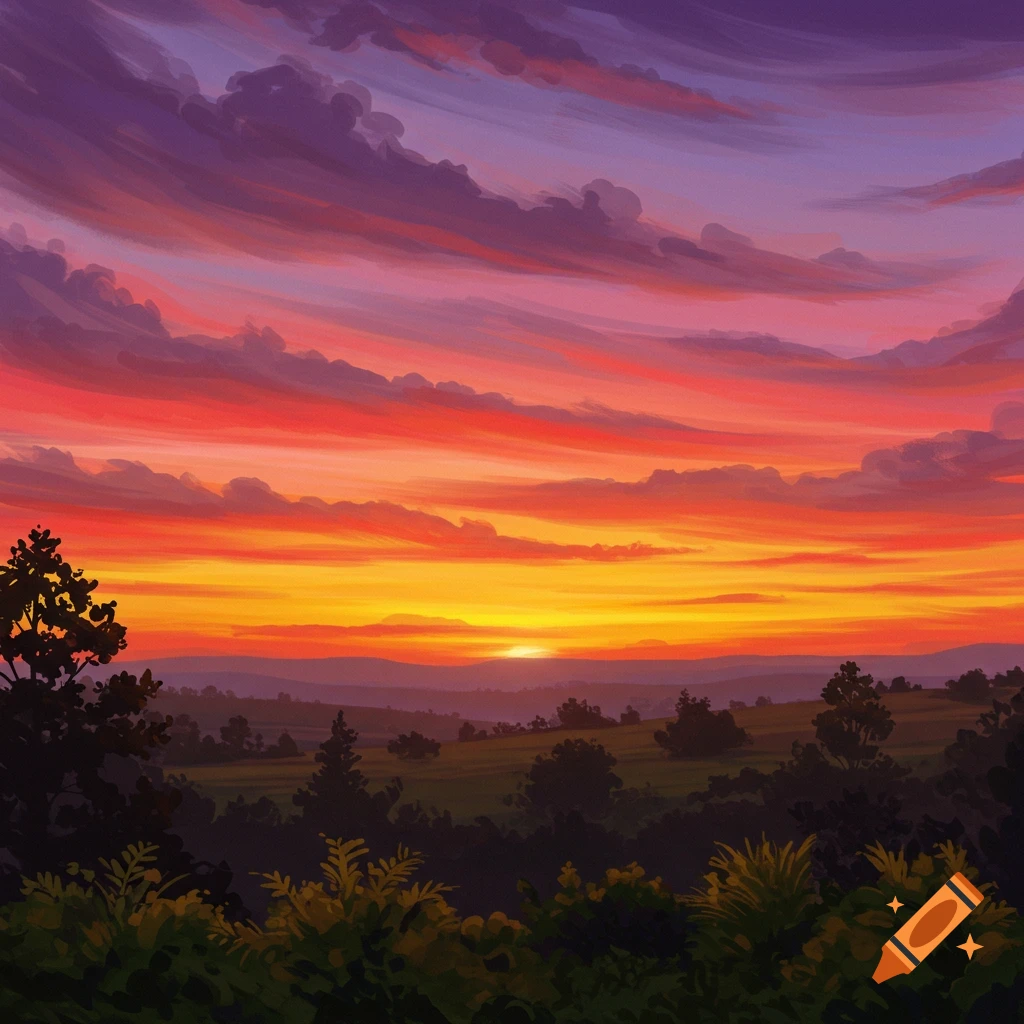 Painting of a vibrant sunset over rolling hills and trees.
