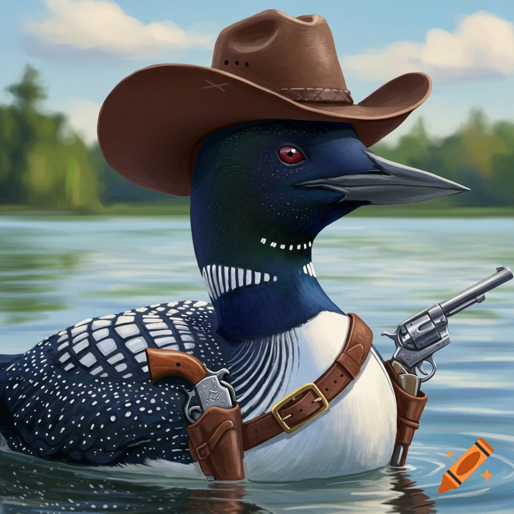 Loon wearing a cowboy hat with a six shooter