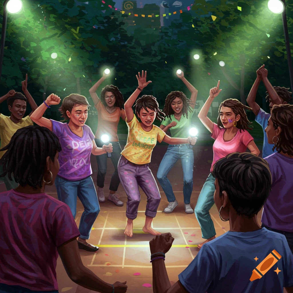 Deaf community freeze dance with flashlights and music