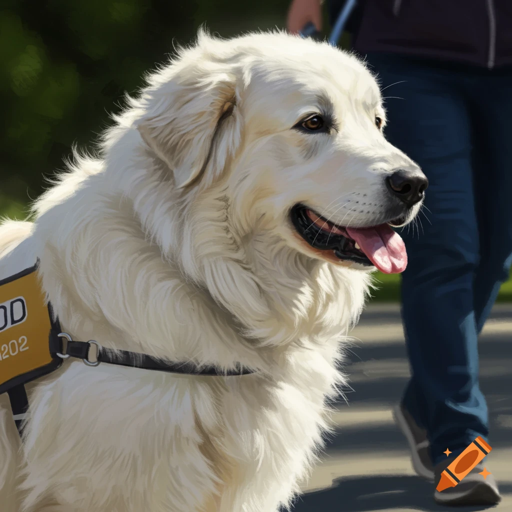 A white Great Pyrenees service dog wearing a harness walks with a person on a path.