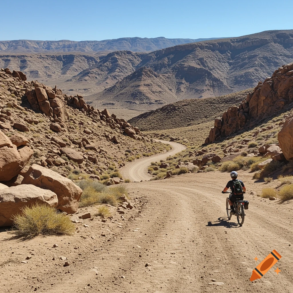 Person cycles on dirt road through rocky desert canyon landscape.