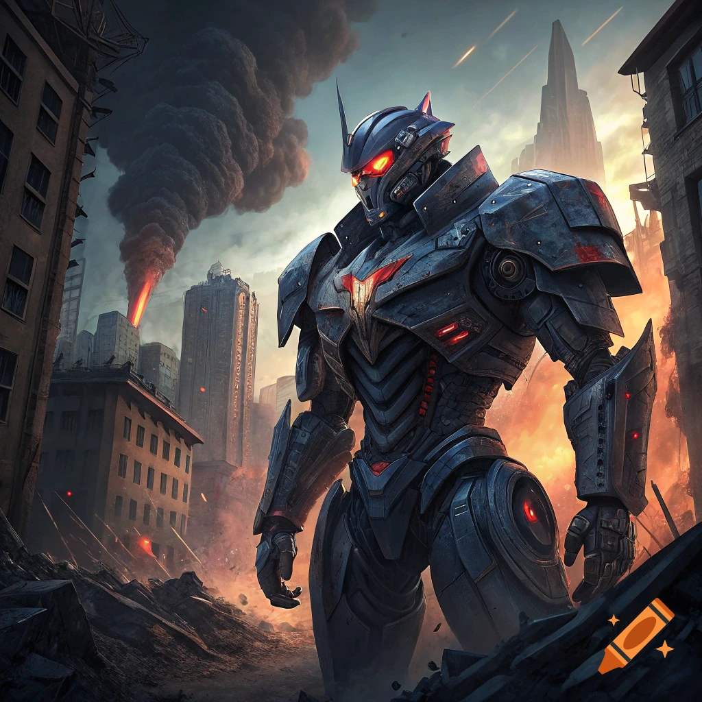 Giant dark sci-fi robot stands in a destroyed city landscape with smoke and fire.