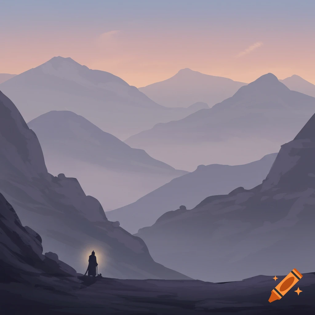 Stylized painting of misty mountains with a glowing figure in a valley
