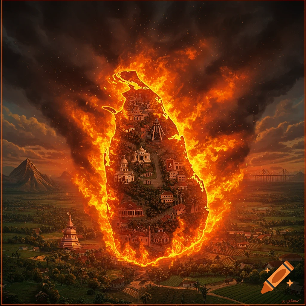 Map of Sri Lanka engulfed in fire and smoke, set in a landscape with mountains and a bridge, digital art.