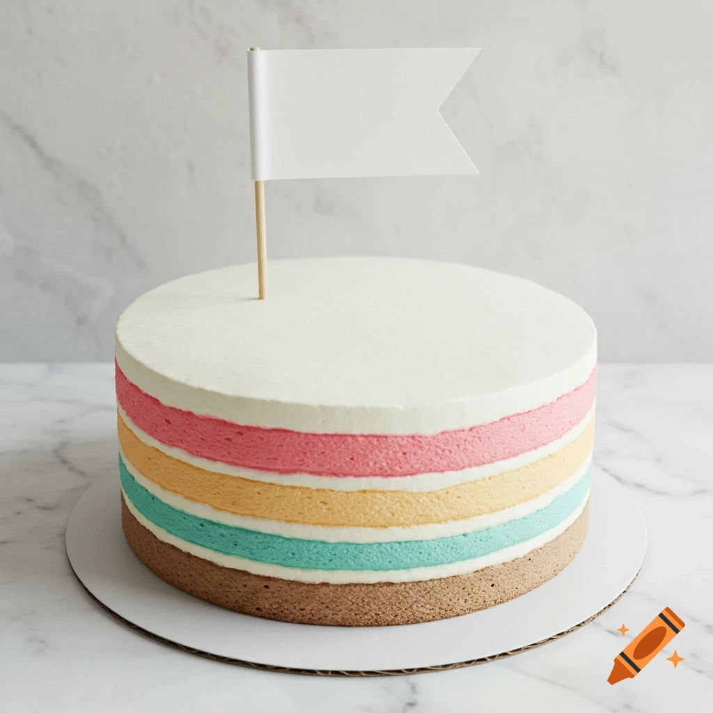 Photo of a round cake with red, green, blue, and yellow frosting layers and a blank white surface, topped with a blank square flag