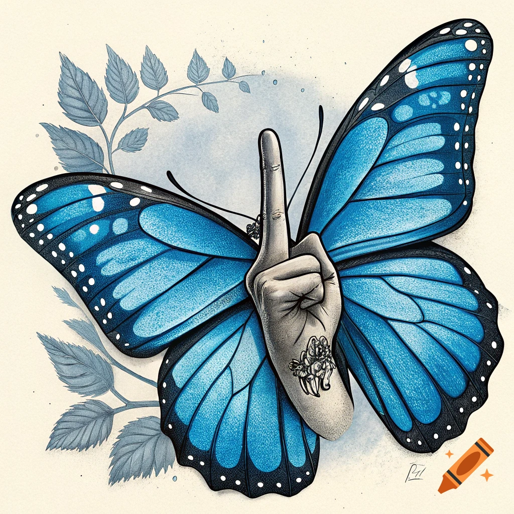Illustration of a blue butterfly with a hand giving the middle finger.