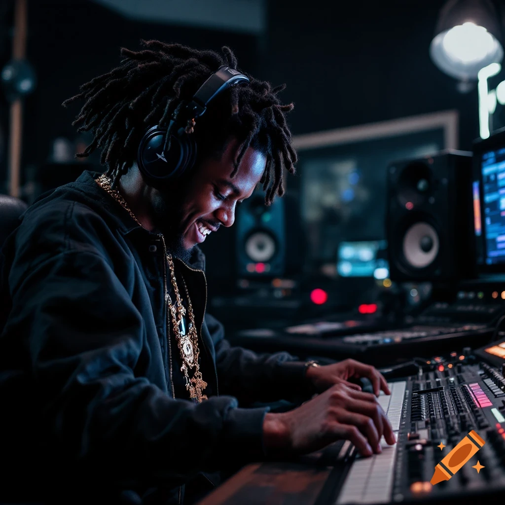 A man with dreadlocks and headphones smiles while playing a keyboard in a music studio.