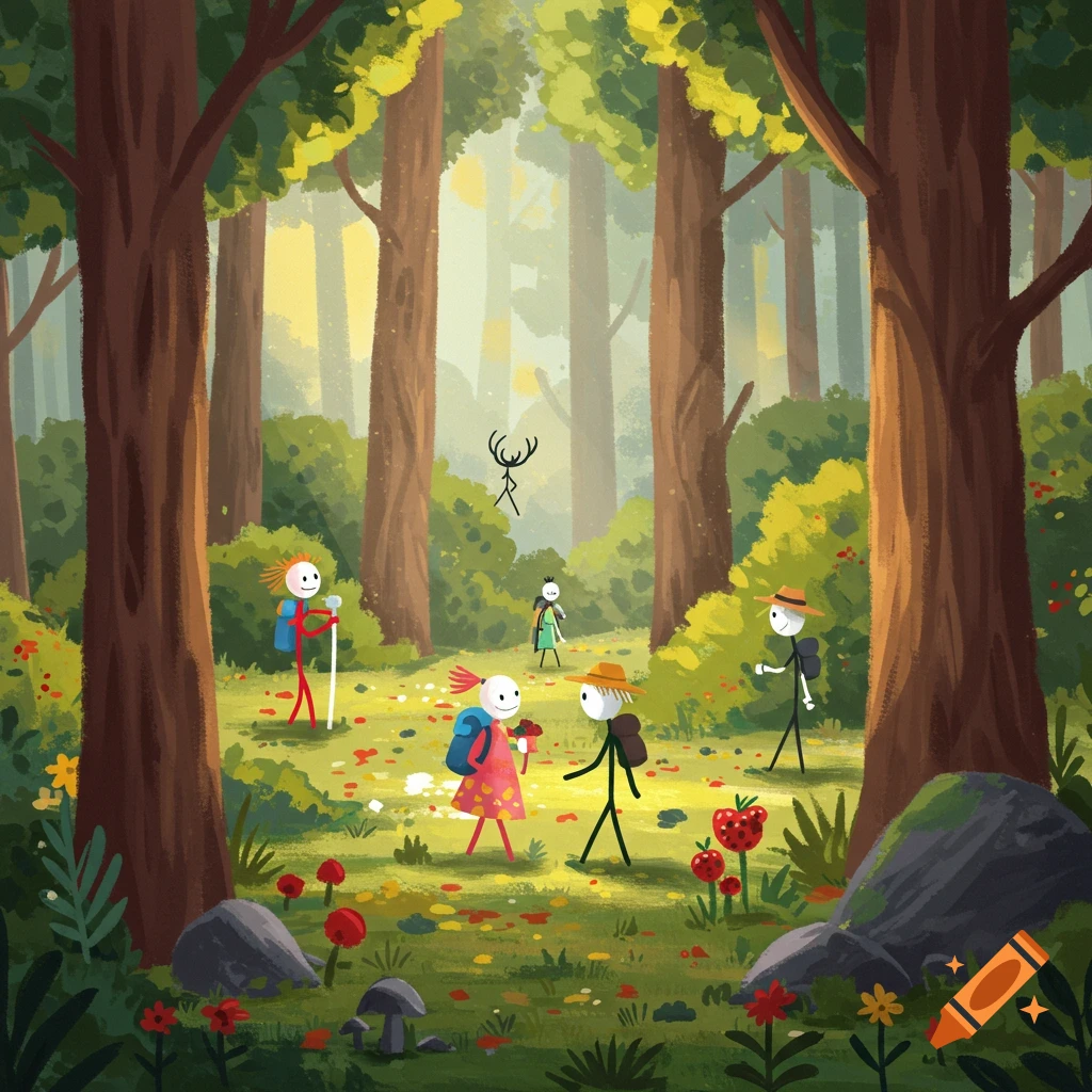 Stylized illustration of stick figures hiking in a bright forest