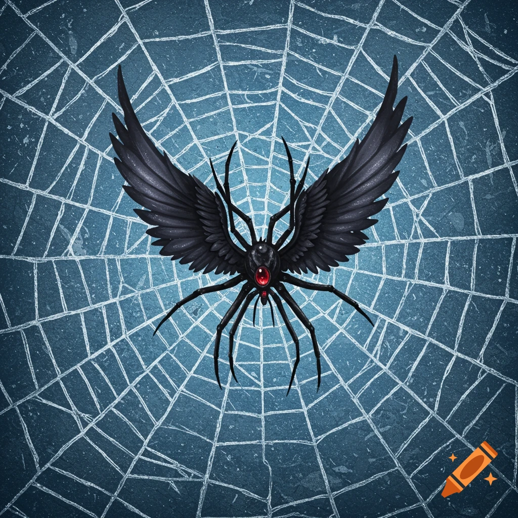 A black, winged spider-like creature with a red eye sits centered on a white spider web against a textured blue background.