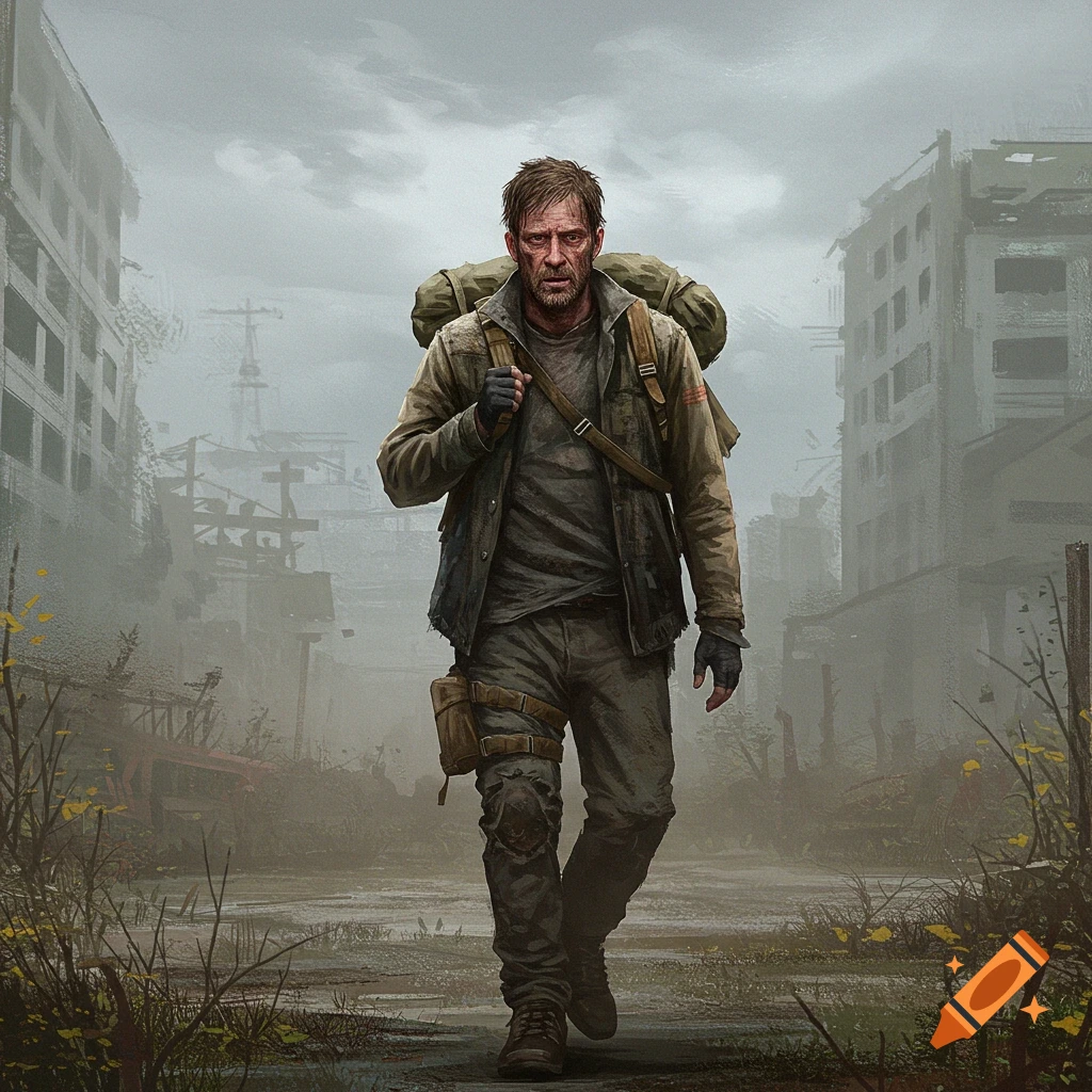 A weary man walks through ruins in a post-apocalyptic world, realistic illustration