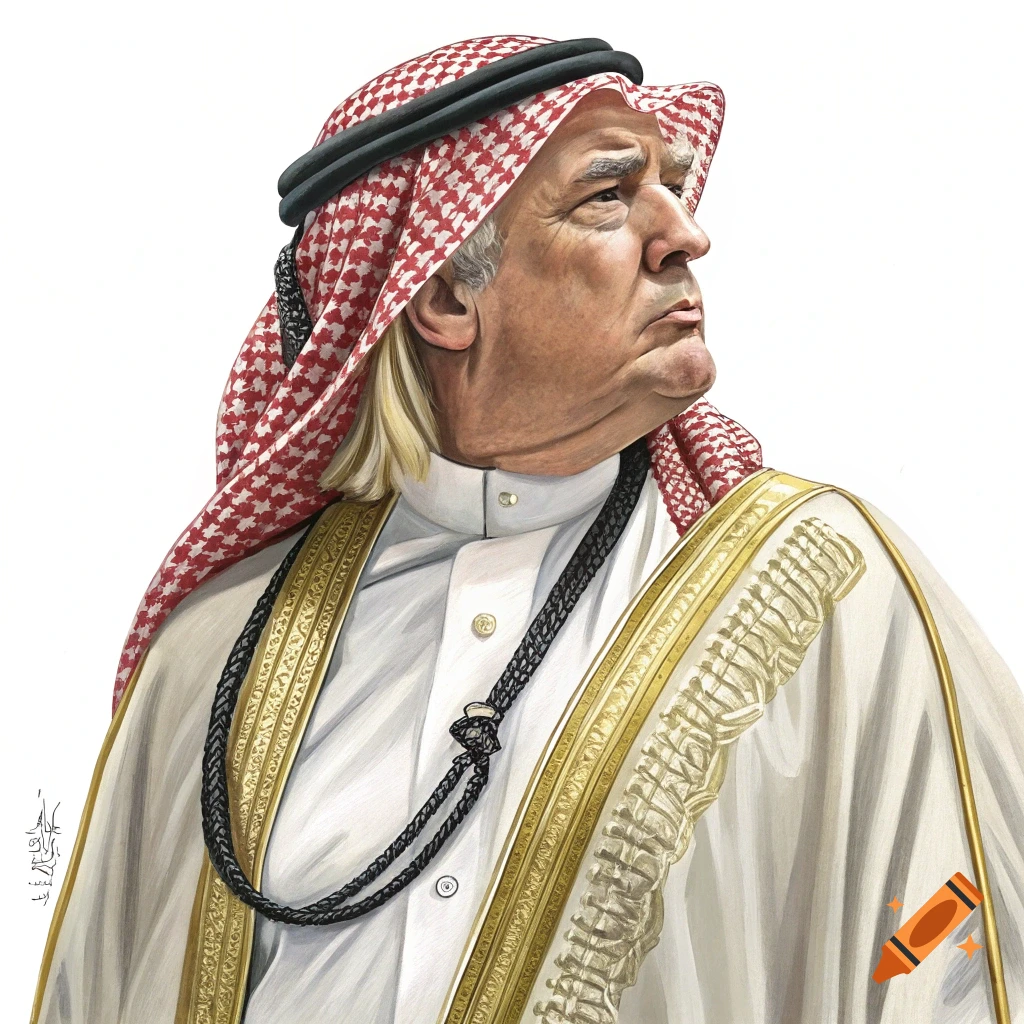 Portrait of Donald Trump wearing a traditional red and white checkered headscarf and white robe with gold trim.