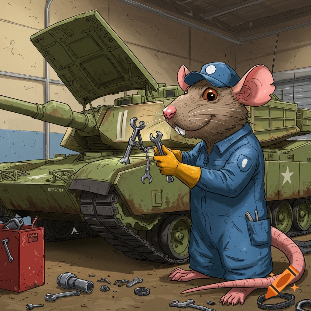 A cartoon rat wearing overalls and a cap works on an Abrams tank in a garage.