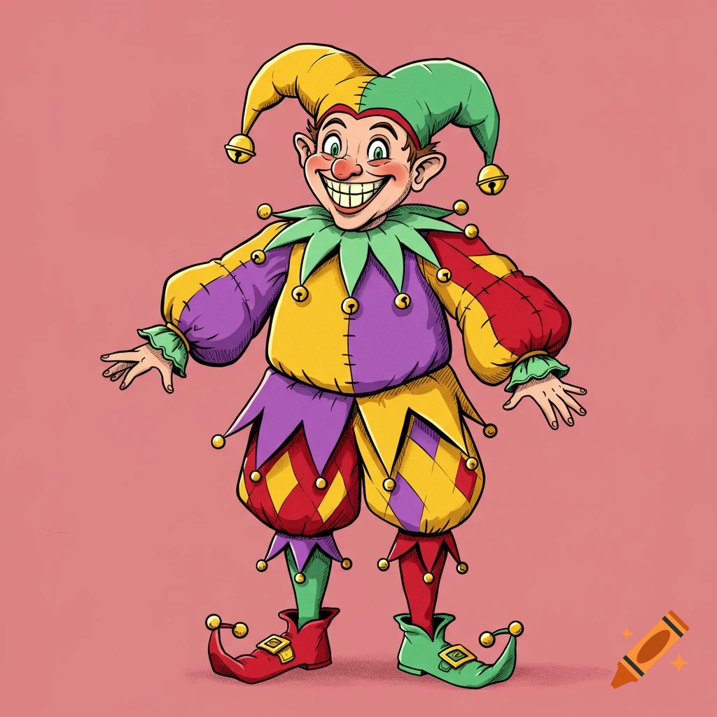 A whimsical cartoon court jester in colorful motley attire on a pink background.
