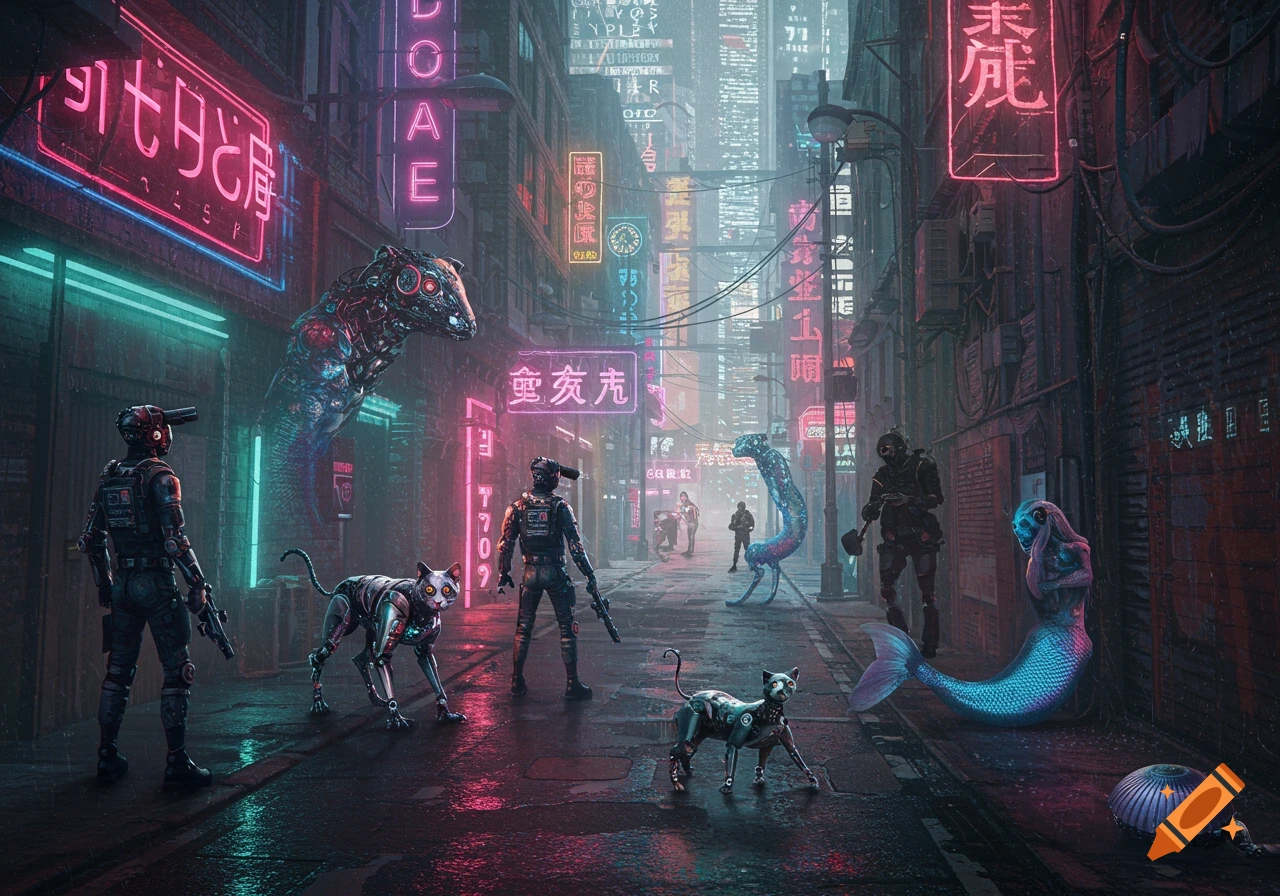 A rain-soaked cyberpunk street scene with cyborg cats, soldiers, a mermaid, and neon signs.