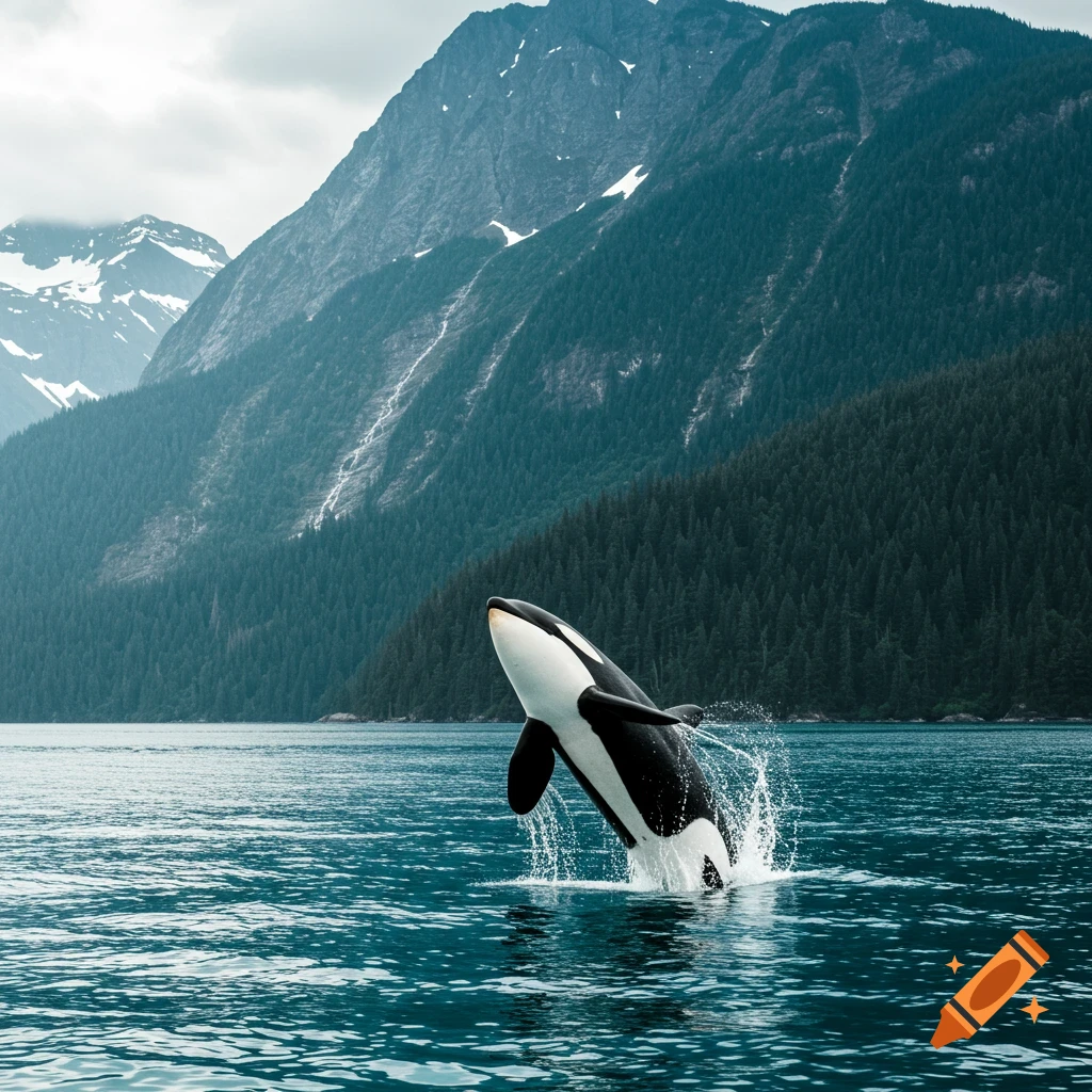 A killer whale leaps out of the ocean with mountains and forest in the background.